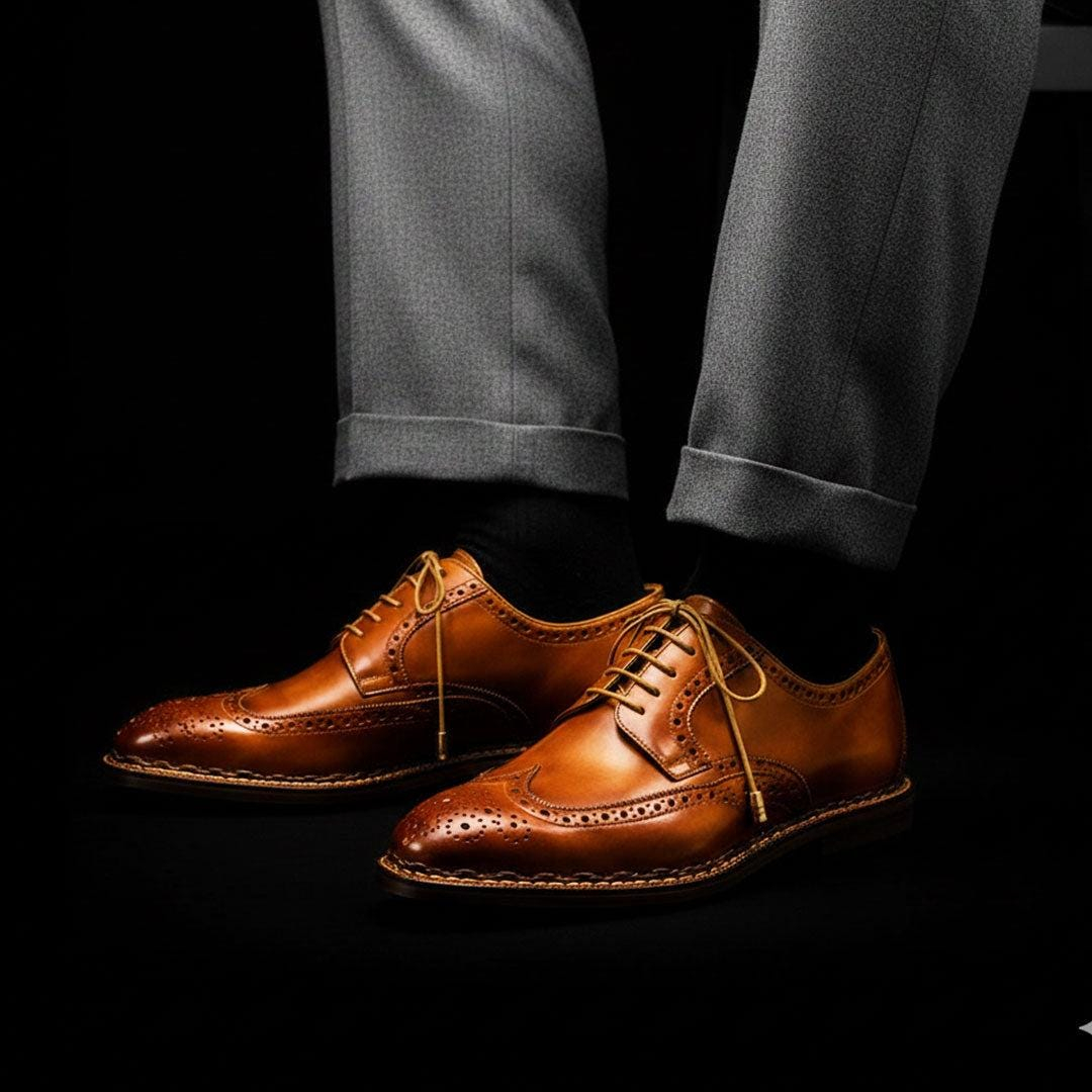 6CKR2hMqd-1.jpg Men’s Burnished Brown Leather Wingtip Derby Shoes - Image 1