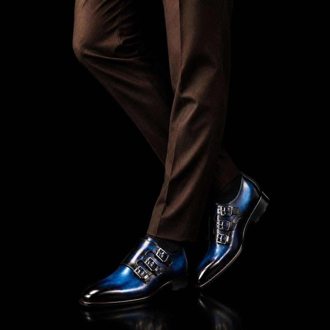 7OzYQcA6X-1.jpg Men’s Blue and Black Leather Triple Monk Strap Shoes - Image 1
