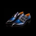 Men’s Blue and Black Leather Triple Monk Strap Shoes - Image 4