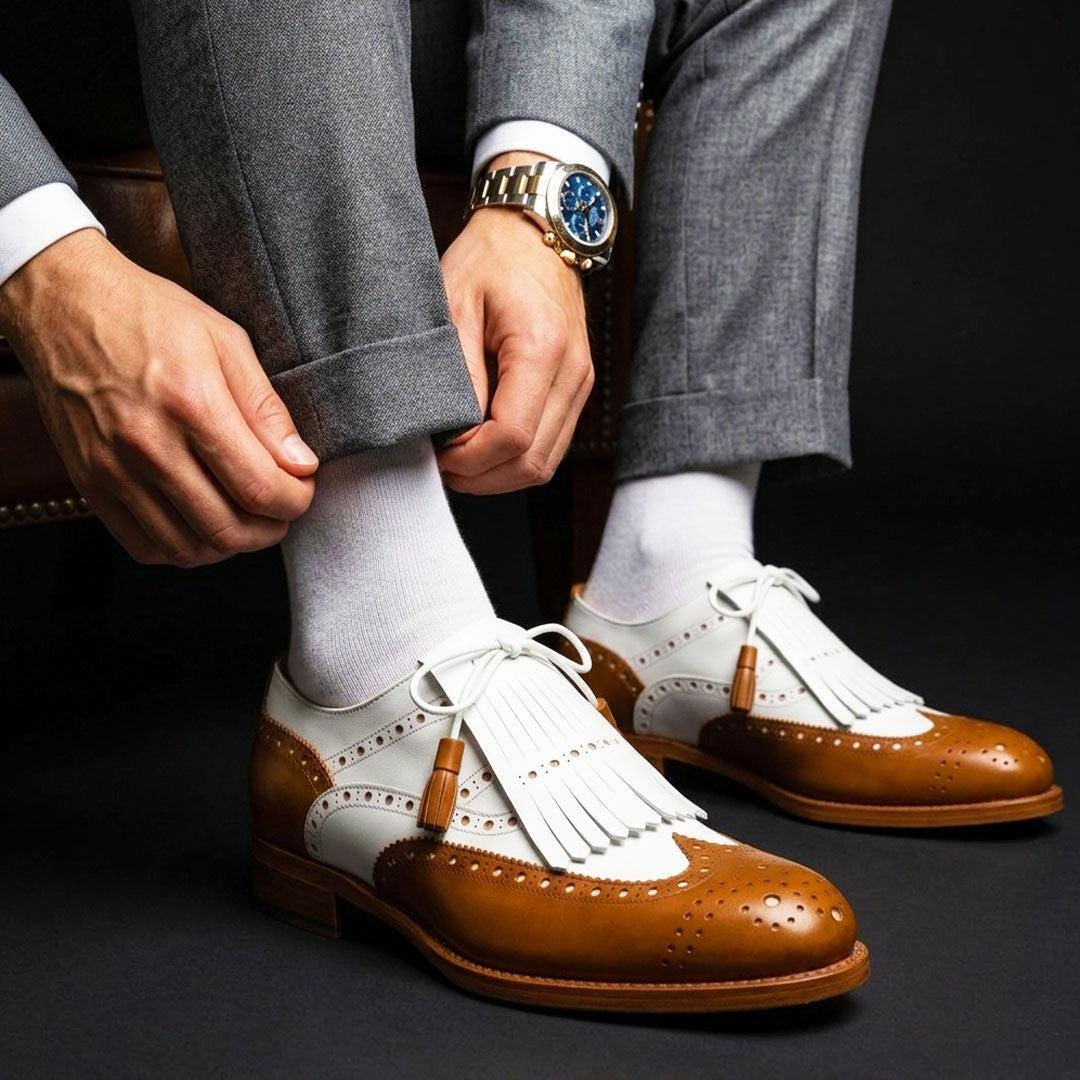 86QgOYqGa-1.jpg Men’s Brown and White Leather Kiltie Brogue Shoes - Image 1
