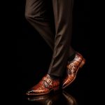 Men’s Cognac Crocodile-Embossed Leather Monk Strap Shoes