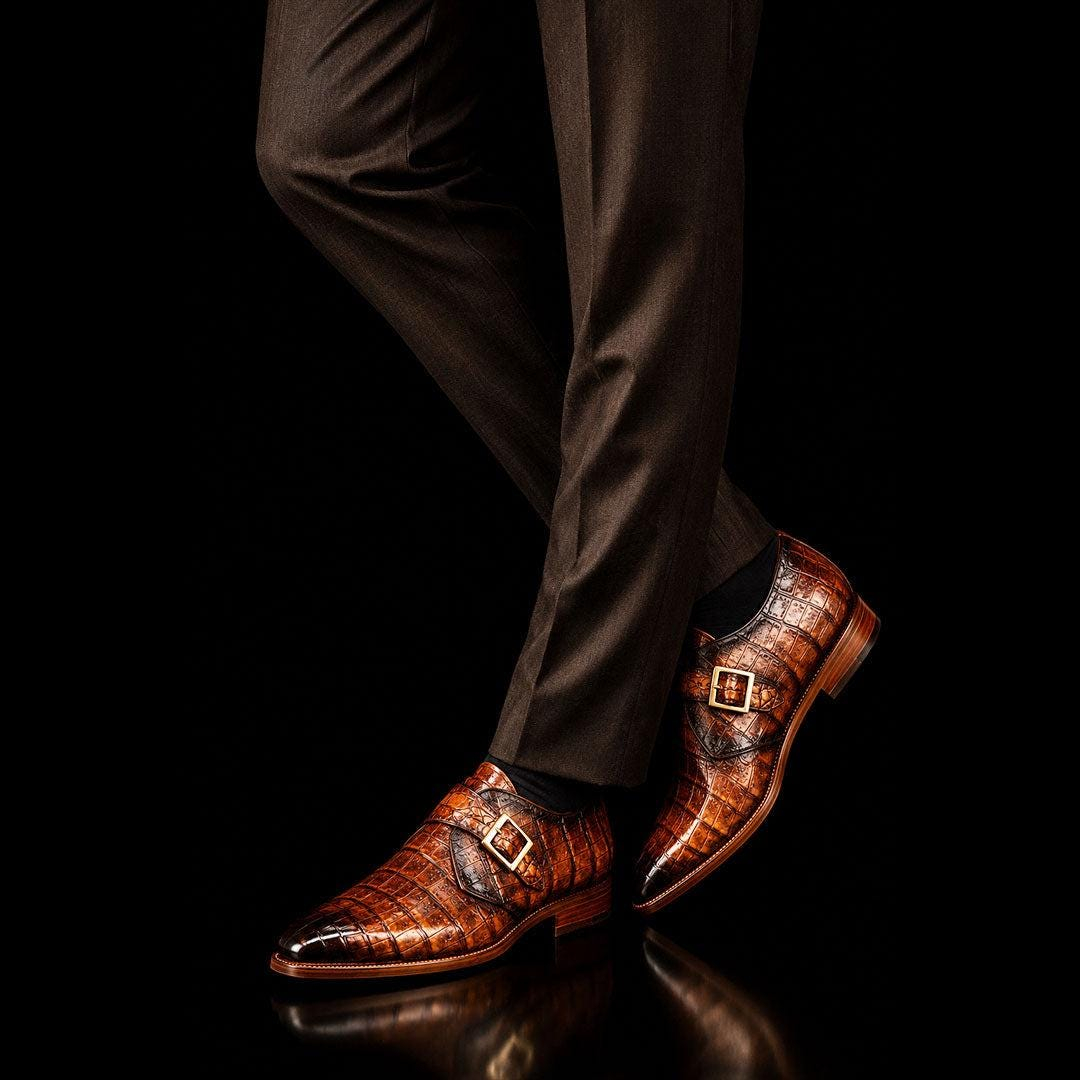 EWriW3qDW-1.jpg Men’s Cognac Crocodile-Embossed Leather Monk Strap Shoes - Image 1