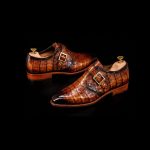 Men’s Cognac Crocodile-Embossed Leather Monk Strap Shoes - Image 2