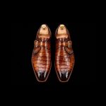 Men’s Cognac Crocodile-Embossed Leather Monk Strap Shoes - Image 3