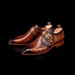 Men’s Cognac Crocodile-Embossed Leather Monk Strap Shoes - Image 4