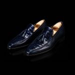Men’s Navy Blue Crocodile-Embossed Leather Tassel Loafers - Image 3