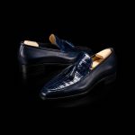 Men’s Navy Blue Crocodile-Embossed Leather Tassel Loafers - Image 4