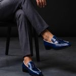 Men’s Navy Blue Leather Tassel Loafers with White Piping