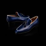 Men’s Navy Blue Leather Tassel Loafers with White Piping - Image 2