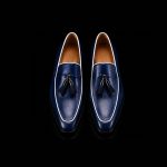 Men’s Navy Blue Leather Tassel Loafers with White Piping - Image 3