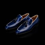 Men’s Navy Blue Leather Tassel Loafers with White Piping - Image 4