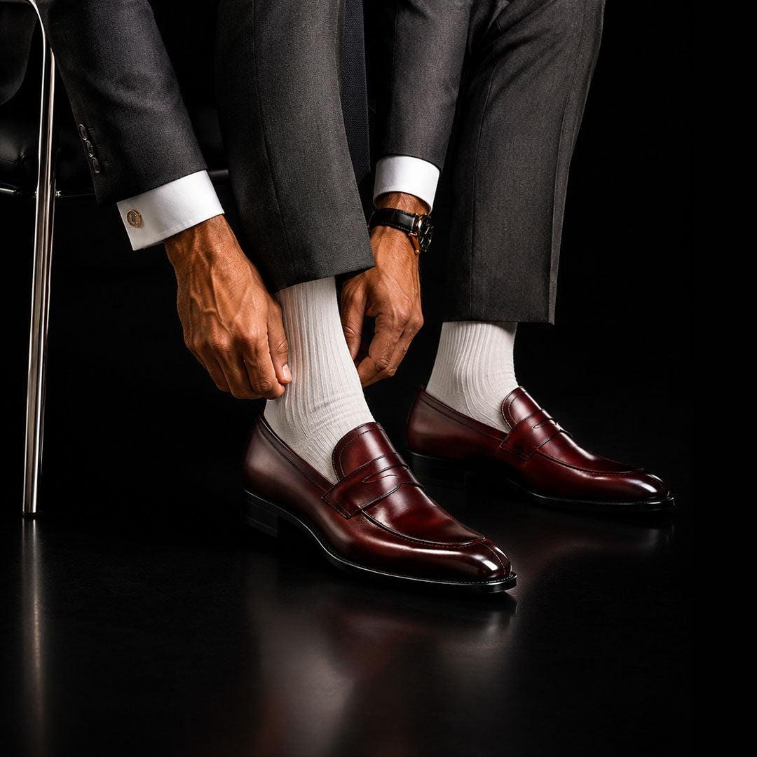 TdWZnd70M-1.jpg Men’s Burgundy Leather Penny Loafer - Image 1