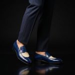 Men’s Navy Blue and Ivory Leather Penny Loafers