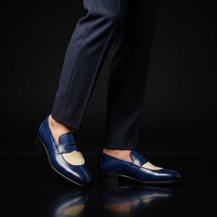 Men’s Navy Blue and Ivory Leather Penny Loafers